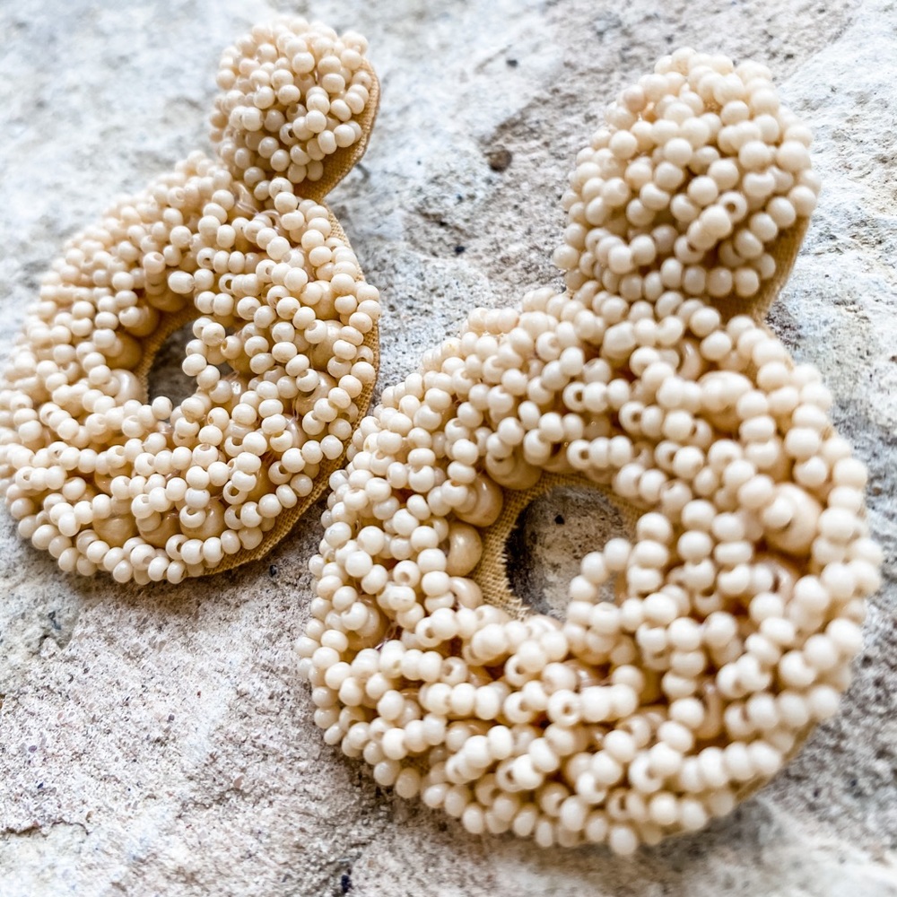 NEW beige beaded o statement earrings